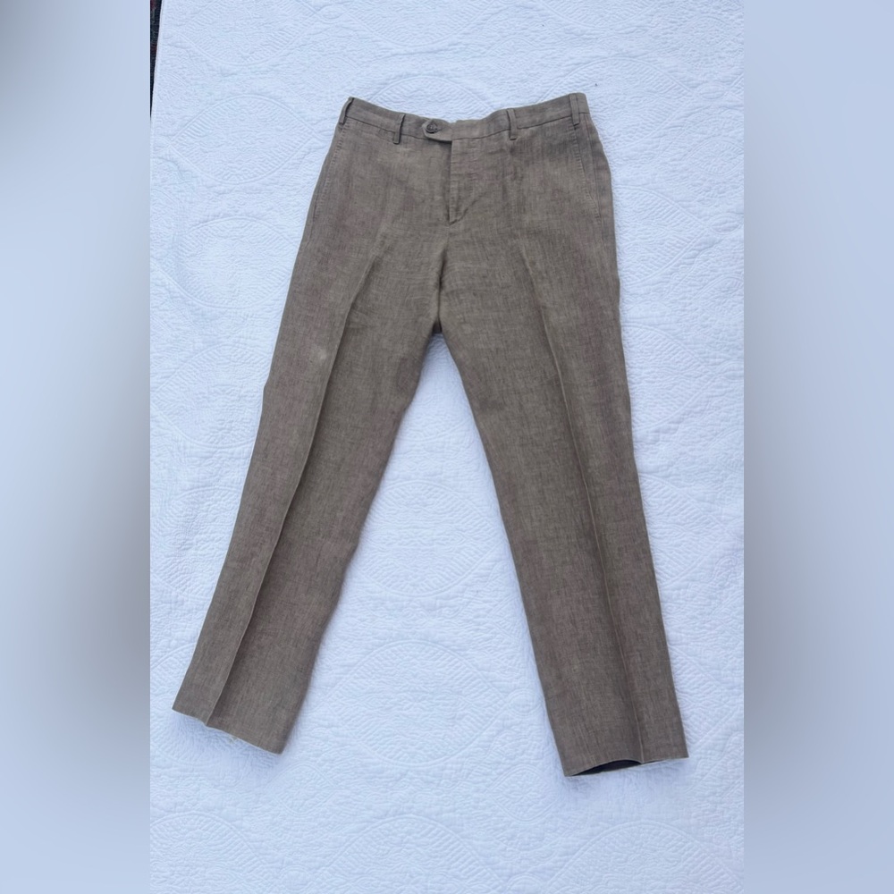Zanella Parker Linen Dress Pants Men’s 34 Oat Tan Italy Tailored Trousers